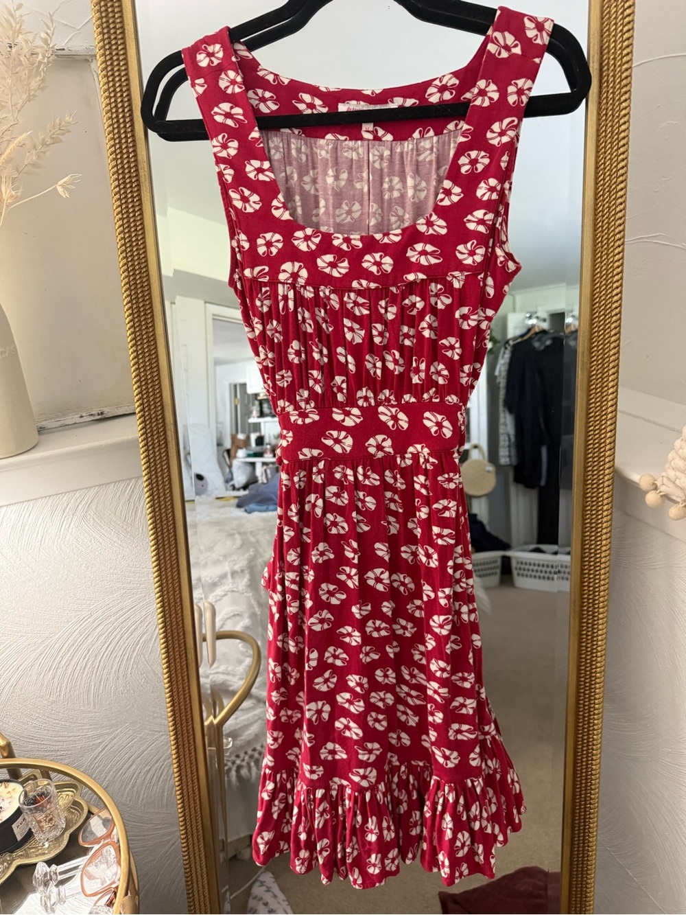 Betsey Johnson Red Floral Midi Dress with Ruffled Hem